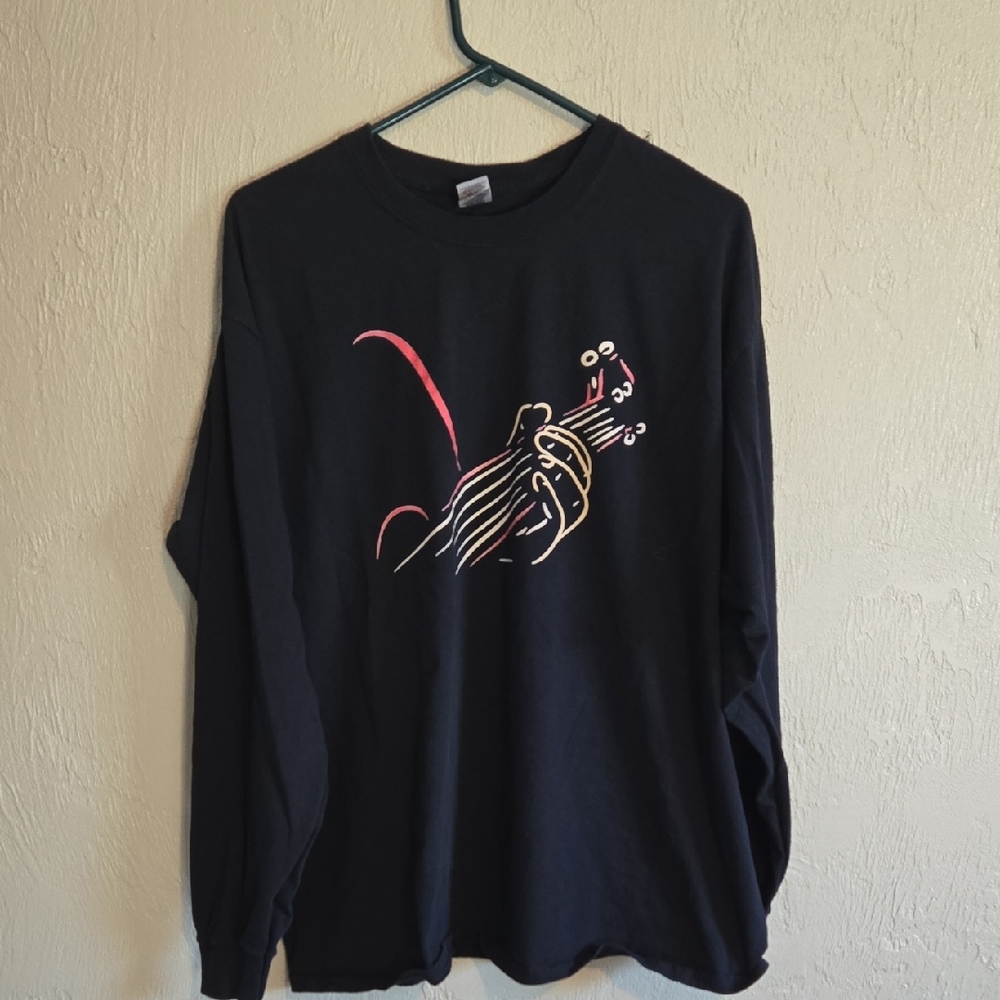 Vintage Gildan Black Long Sleeve Shirt with Colorful Guitar Graphic